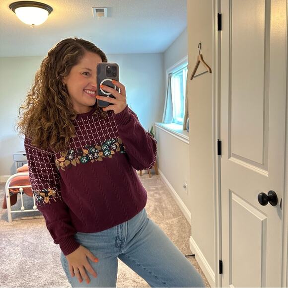 Vintage Izod Club Maroon Floral Embroidered Cotton Sweater Large - Picture 3 of 13